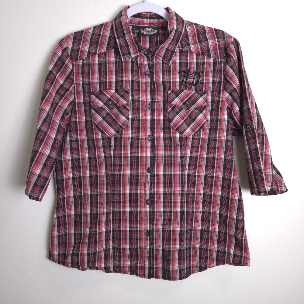 HARLEY DAVIDSON‎ Embroidered Logo Pink Check 3/4 Sleeve Casual Shirt L